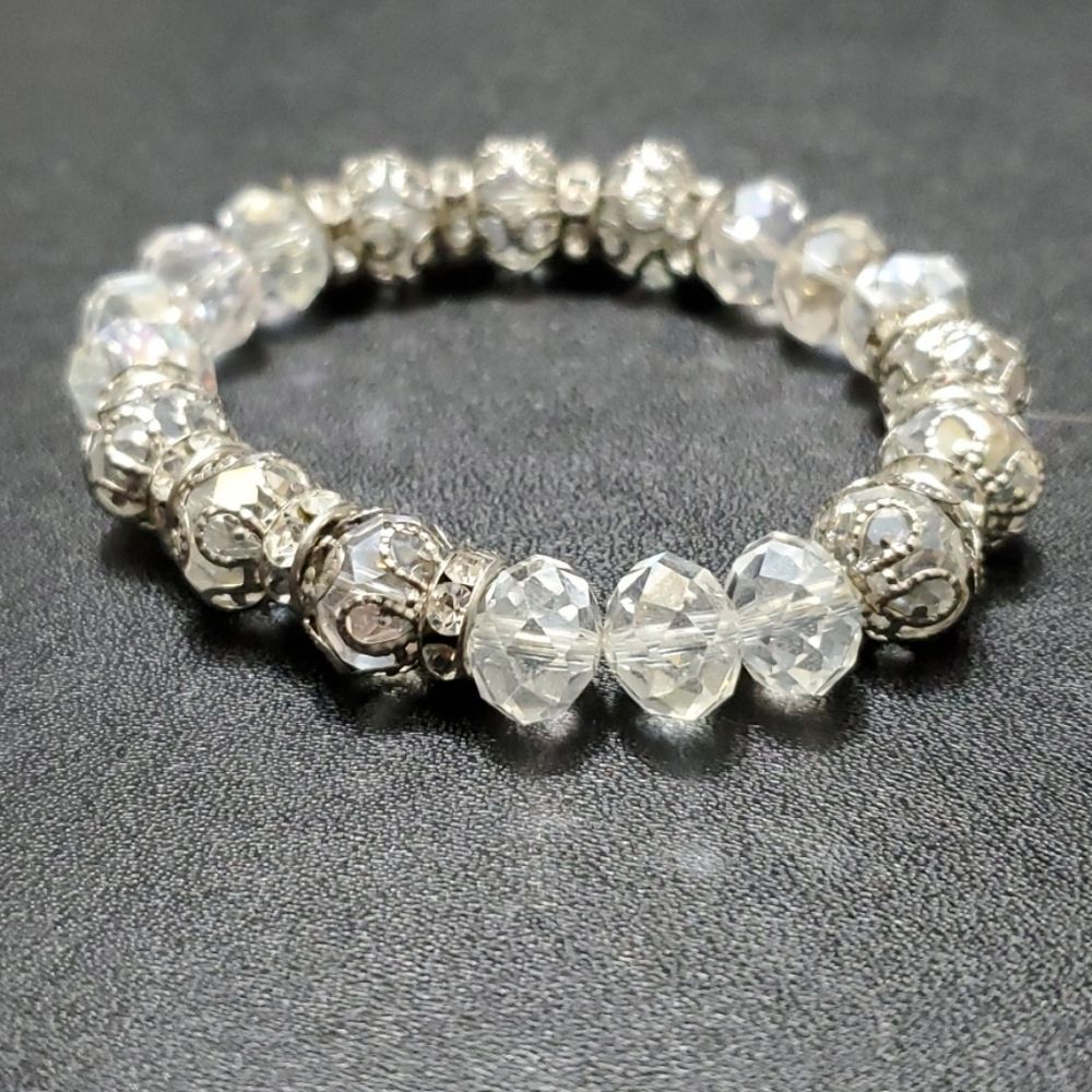 Silver tone sparkly beaded bracelet 6.5" - Picture 2 of 10